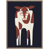 Minimalist brown and white cow wearing red glasses, centered on a dark navy background with a light wood frame.