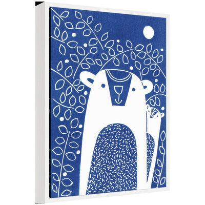 Framed canvas art titled Sylvie Blue Night Bears Linocut depicting stylized bears in blue hues
