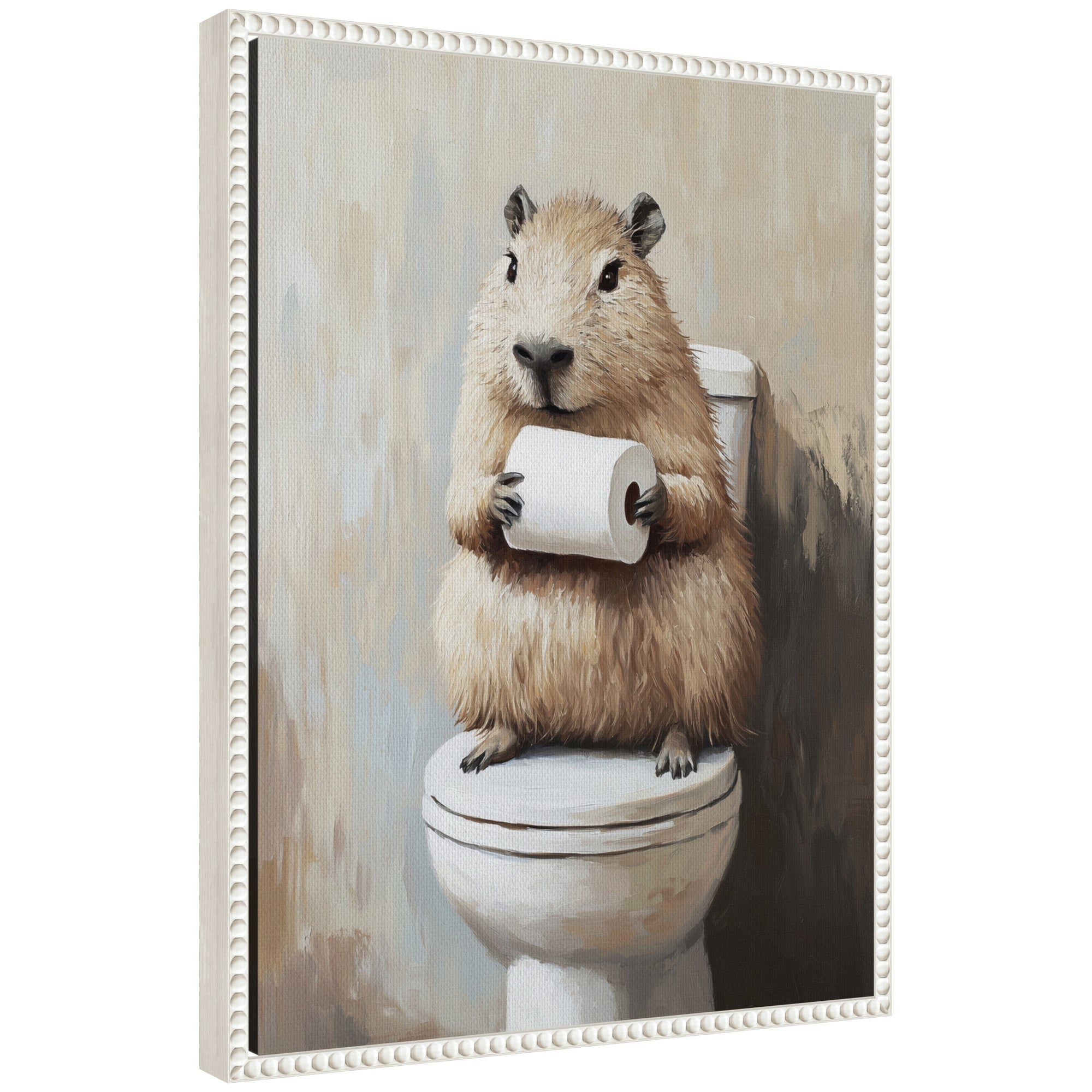 Framed canvas art featuring a capybara angled holding a toilet paper roll
