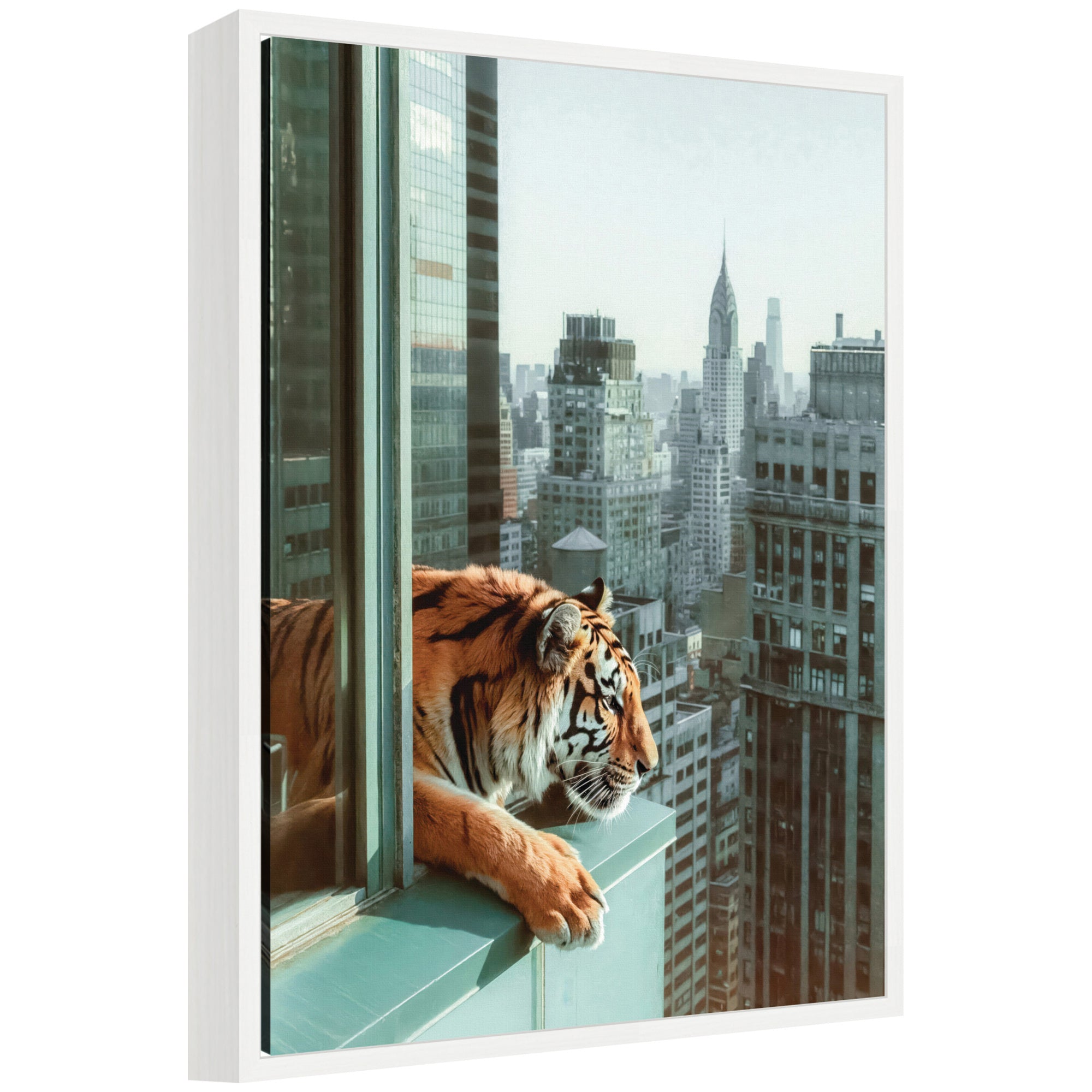 Sylvie Urban Tiger Overlooking Manhattan framed canvas art with tiger and cityscape