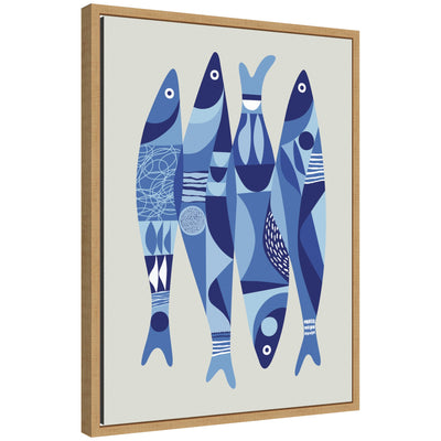 Abstract sardines artwork in shades of blue on a framed gallery-wrapped canvas