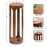 Tall round wooden drink table with an arched open frame design, made from solid mango wood with a walnut finish, measuring 23 inches high and 8 inches wide.