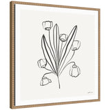 Minimalist line drawing of a floral bouquet with elongated leaves and six abstract flowers in black on white, framed with a textured light brown wooden frame.