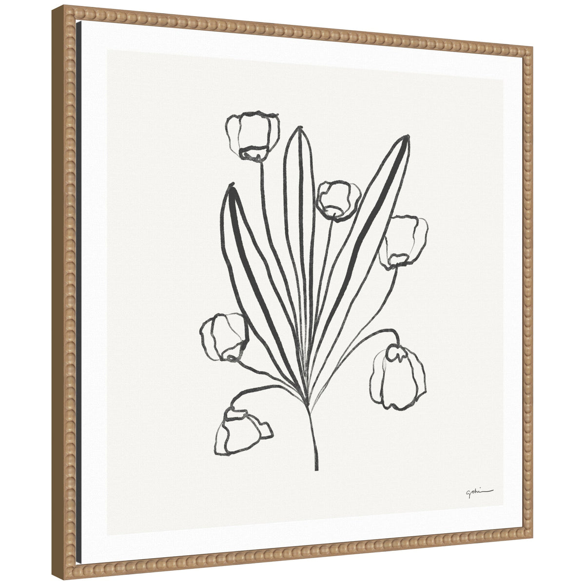 Minimalist line drawing of a floral bouquet with elongated leaves and six abstract flowers in black on white, framed with a textured light brown wooden frame.