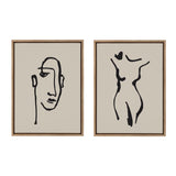 Set of two minimalist black line art drawings on beige backgrounds, framed in wood; one depicts a stylized face, the other a simplified female nude torso.