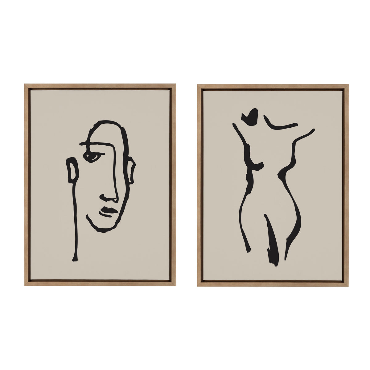 Set of two minimalist black line art drawings on beige backgrounds, framed in wood; one depicts a stylized face, the other a simplified female nude torso.