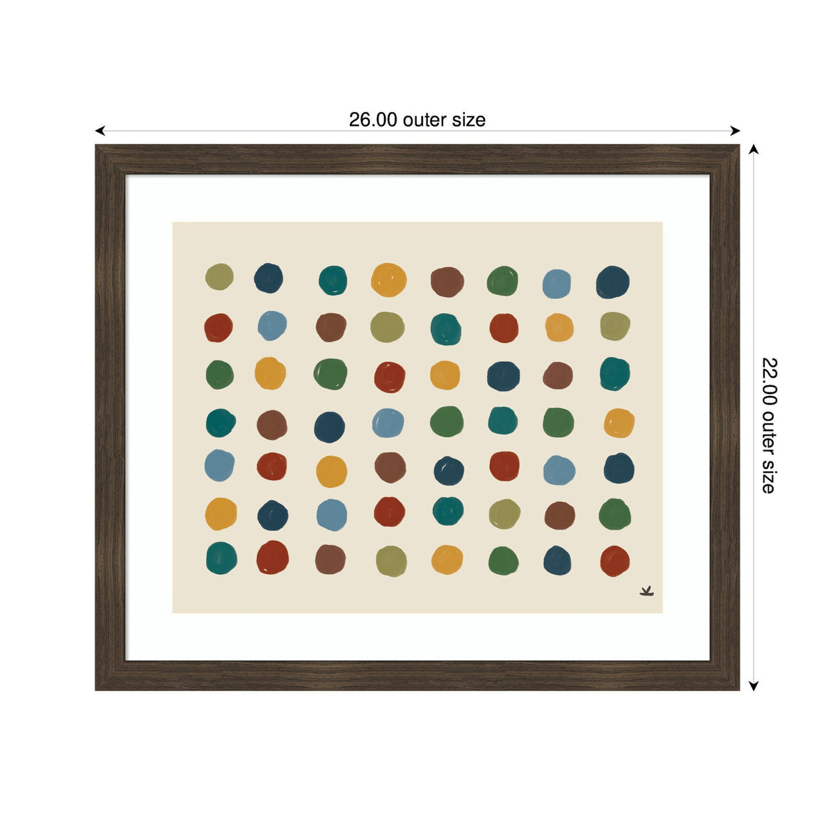 Grid of 48 irregularly shaped polka dots in earthy tones like green, blue, red, mustard, and brown arranged in 6 rows and 8 columns on a beige background with a dark wood frame.