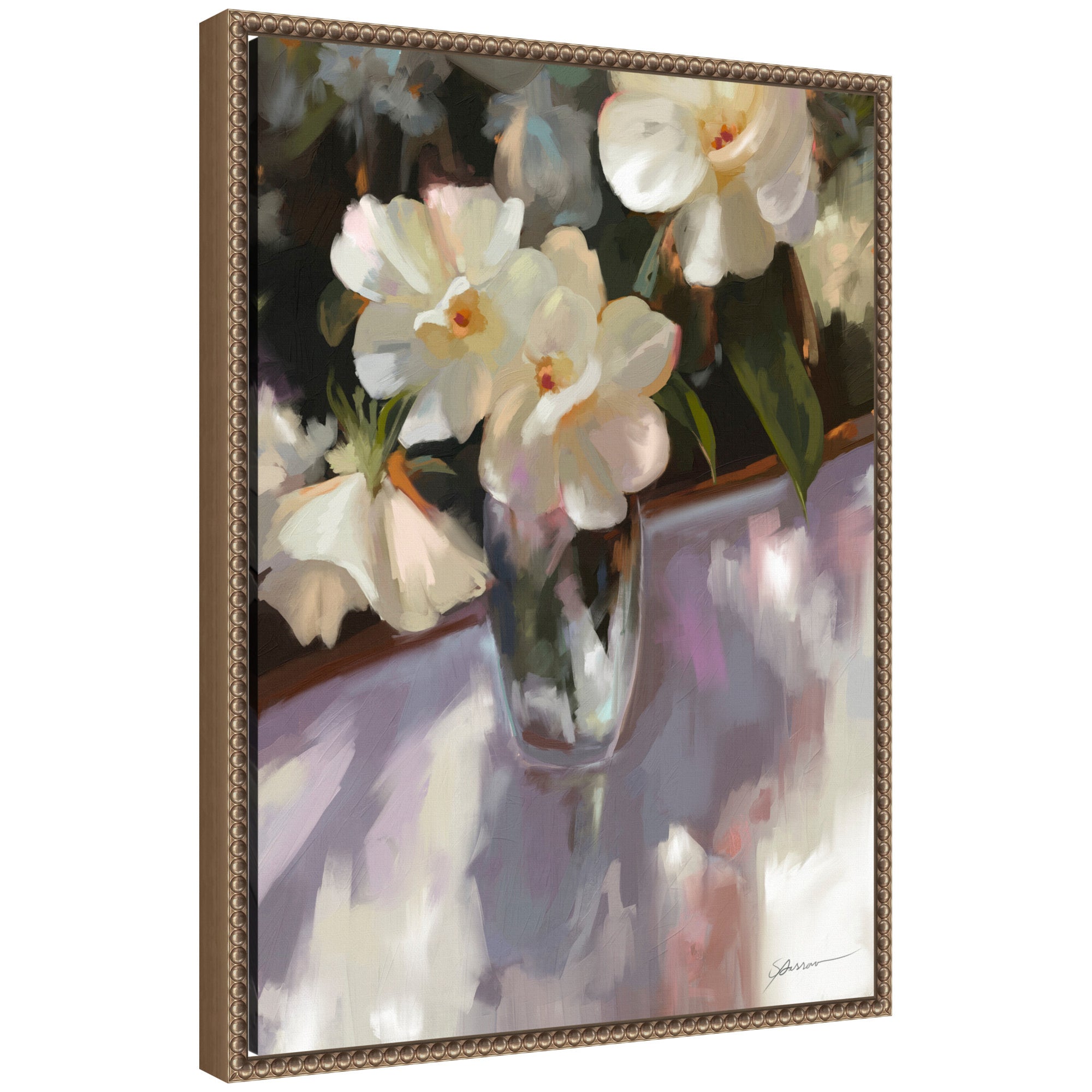 Sylvie Shadow Dance floral artwork on framed gallery-wrapped canvas with vintage beaded polystyrene frame