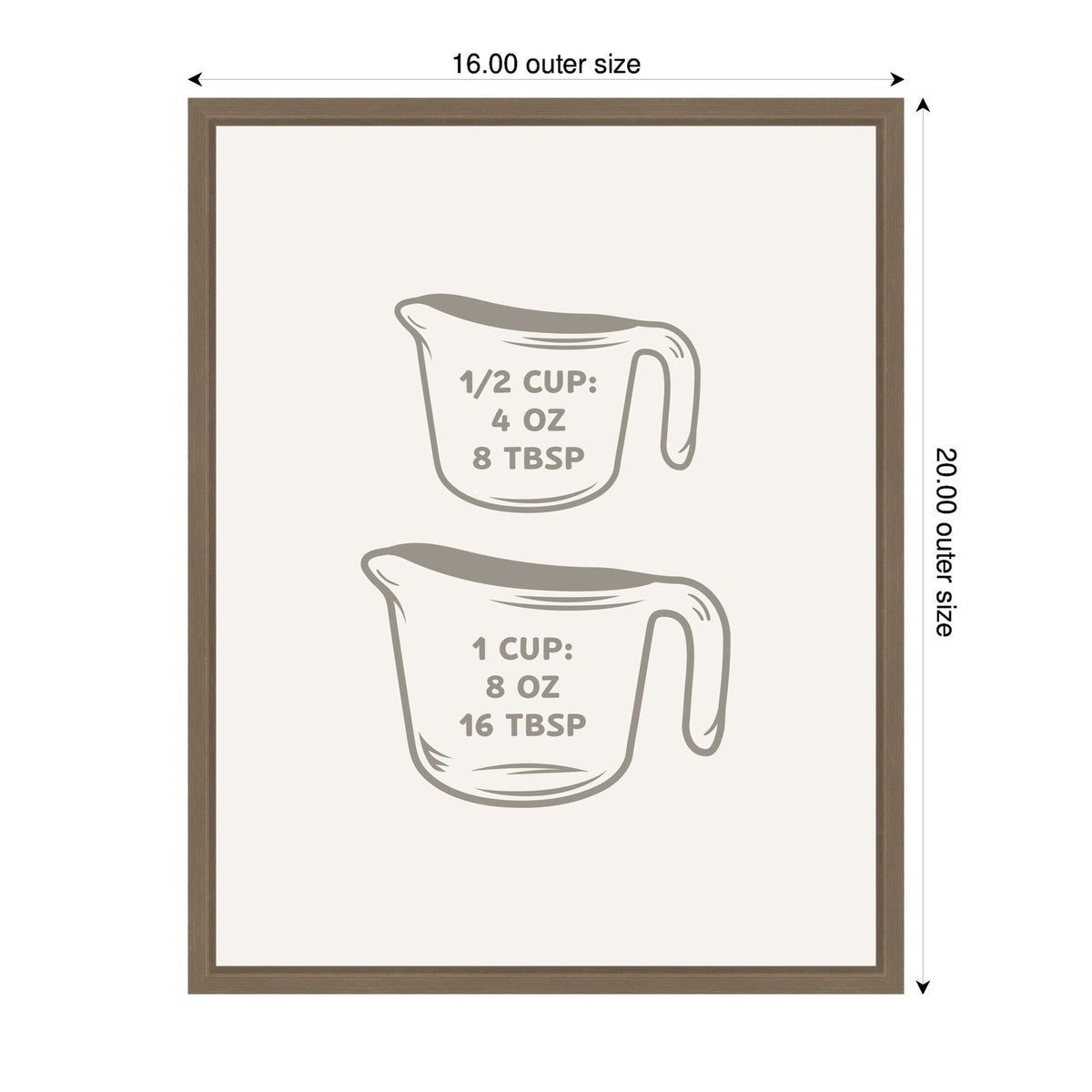 Framed minimalist art print illustrating kitchen measuring cups with 1/2 cup equal to 4 oz and 8 tbsp, and 1 cup equal to 8 oz and 16 tbsp in gray on white.