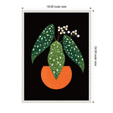 Graphic art of a Polka Dot Begonia with dark green spotted leaves and small white flowers in a bright orange half-circle pot on a black background with a white decorative frame.