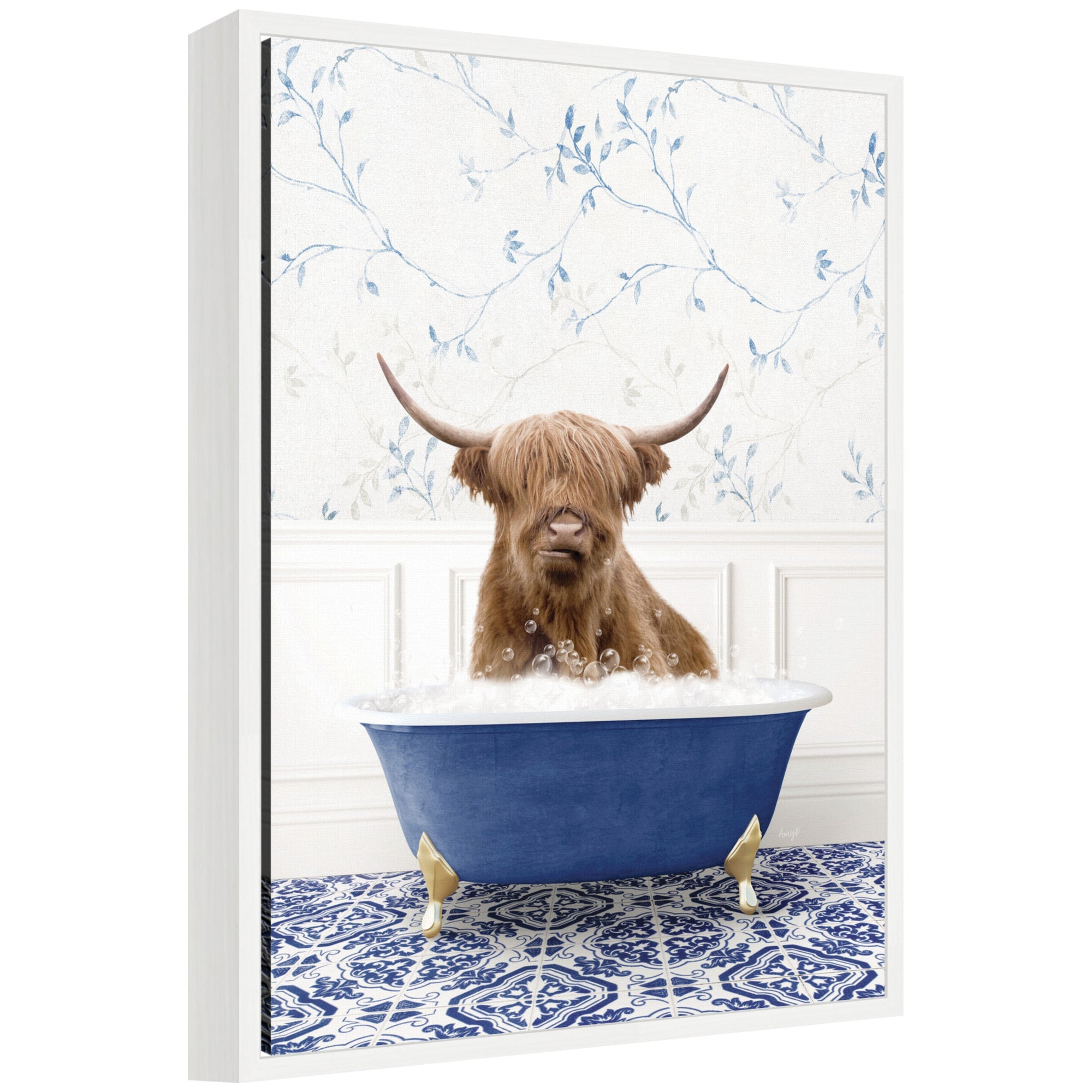Sylvie Highland Cow in Eclectic Blue Bathtub Framed Canvas