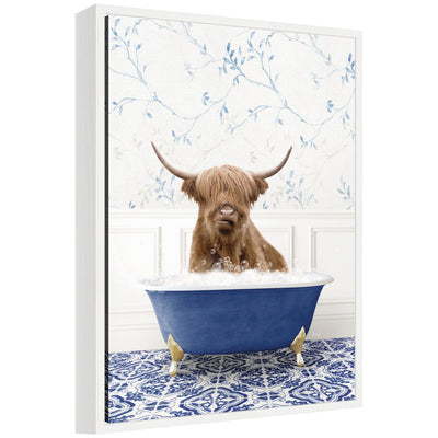 Sylvie Highland Cow in Eclectic Blue Bathtub Framed Canvas