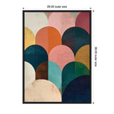 Framed abstract canvas with overlapping rounded arches in jewel tones of teal, pink, orange, cream, and navy, measuring 28 by 38 inches.