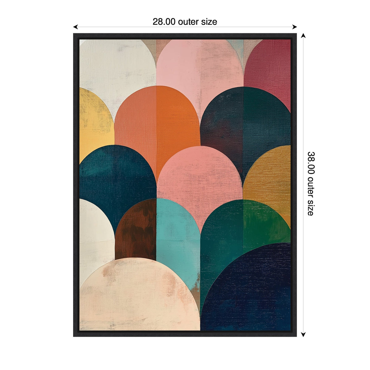 Framed abstract canvas with overlapping rounded arches in jewel tones of teal, pink, orange, cream, and navy, measuring 28 by 38 inches.