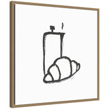 Minimalist black ink drawing of a coffee press and a croissant on white background, framed in light brown wood.