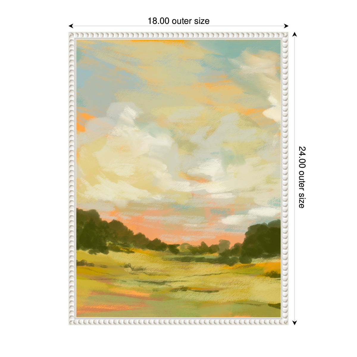 Framed canvas painting depicting a landscape with a soft orange and blue sky above green and yellow fields bordered by dark green trees.