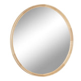 Round wall mirror with a thin, light natural wood frame featuring subtle grain patterns and a smooth, seamless finish