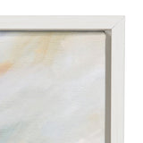 Close-up of a white wood frame corner holding a canvas with soft pastel brush strokes in beige, peach, and light blue hues.