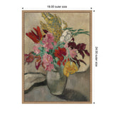 Painting of a gray vase holding a colorful bouquet with red, pink, yellow, white, and green flowers against a muted beige background, framed in a gold-toned frame.
