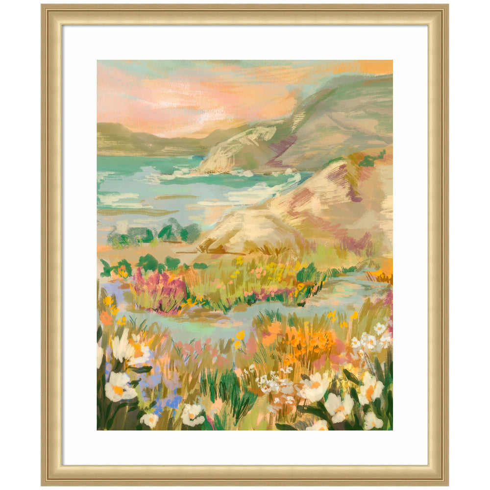 Framed Art Landscape 4 by Annie Quigley showing coastal landscape with sunset, wildflowers foreground, and rolling hills background in Florence Gold frame