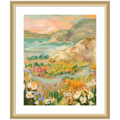 Framed Art Landscape 4 by Annie Quigley showing coastal landscape with sunset, wildflowers foreground, and rolling hills background in Florence Gold frame
