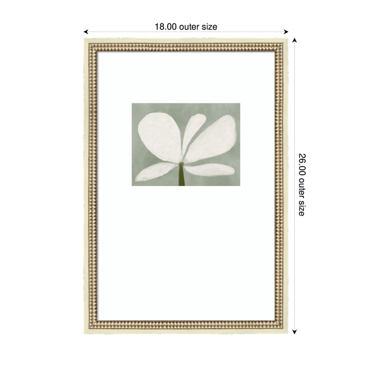 Framed print featuring minimalist white floral petals on a muted green rectangular background, set within a beige ornate frame measuring 18x26 inches outer size.