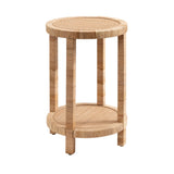 Rafina Round Table in a natural rattan finish with a round tabletop and tiered design