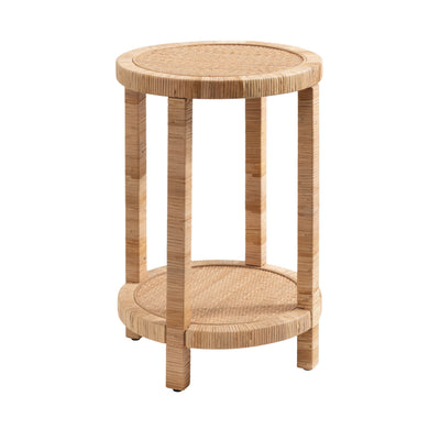 Rafina Round Table in a natural rattan finish with a round tabletop and tiered design