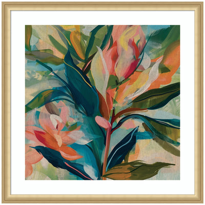 Framed colorful tropical botanical abstract art print featuring vibrant leaves and flowers in an abstract composition