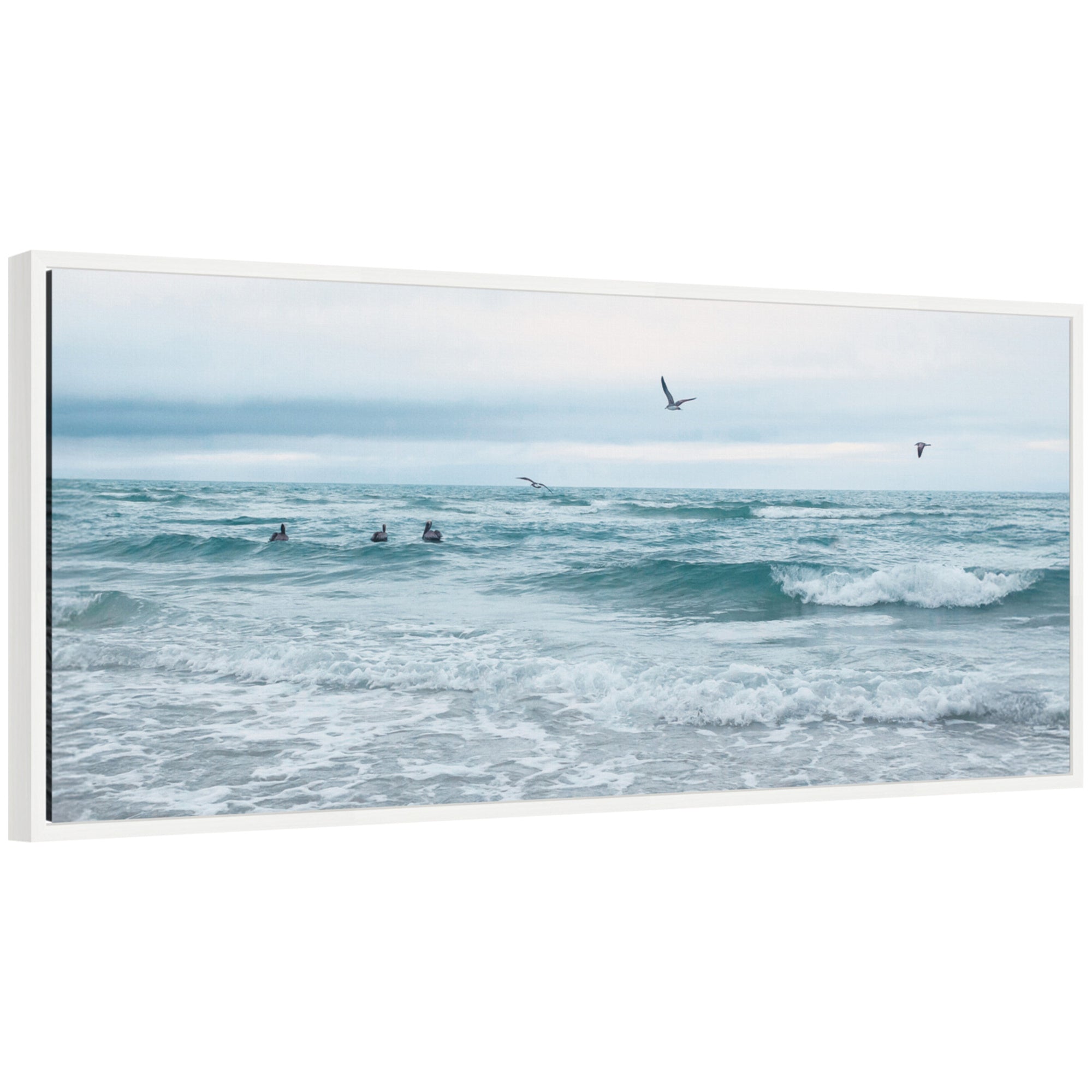 Ocean Swim Panel by Stephanie Klatt, framed canvas wall art showing a coastal aquatic scene in a Sylvie white frame.