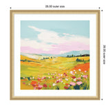 Framed impressionist painting of a colorful meadow with pink flowers in foreground, rolling green and orange hills, and a blue sky with white clouds.