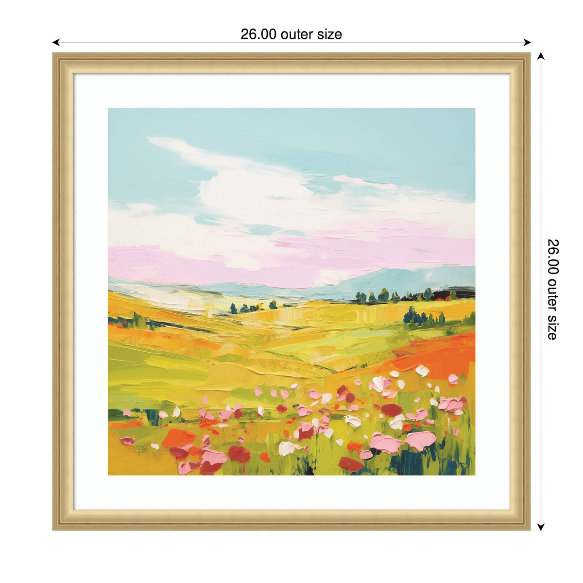 Framed impressionist painting of a colorful meadow with pink flowers in foreground, rolling green and orange hills, and a blue sky with white clouds.