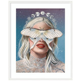 Portrait of a woman with pale blonde hair wearing lace, a large white moth covering her eyes, and a glowing lunar phase halo on a starry blue-purple background.