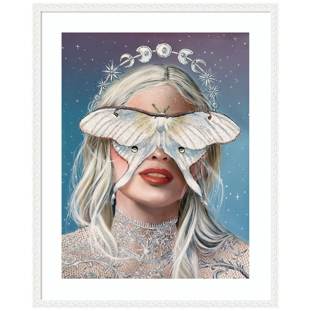Portrait of a woman with pale blonde hair wearing lace, a large white moth covering her eyes, and a glowing lunar phase halo on a starry blue-purple background.