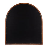 Arched wood-framed wall mirror back with smooth dark fabric backing and metal D-ring hangers on either side near the top corners.