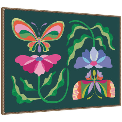 Floral Butterflies framed canvas wall art by Rachel Lee showing delicate butterflies and flowers in a dark gold beaded frame