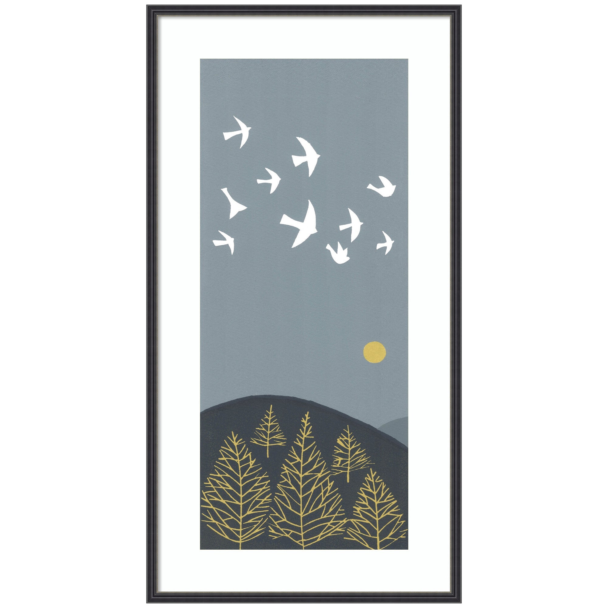 Framed Linocut Art showing white birds flying over yellow trees on dark hills against a muted blue sky