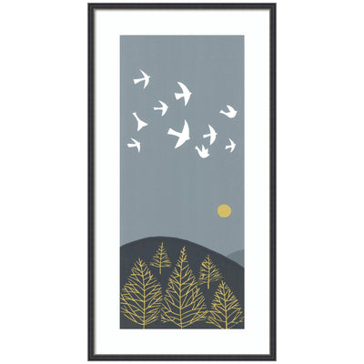 Framed Linocut Art showing white birds flying over yellow trees on dark hills against a muted blue sky