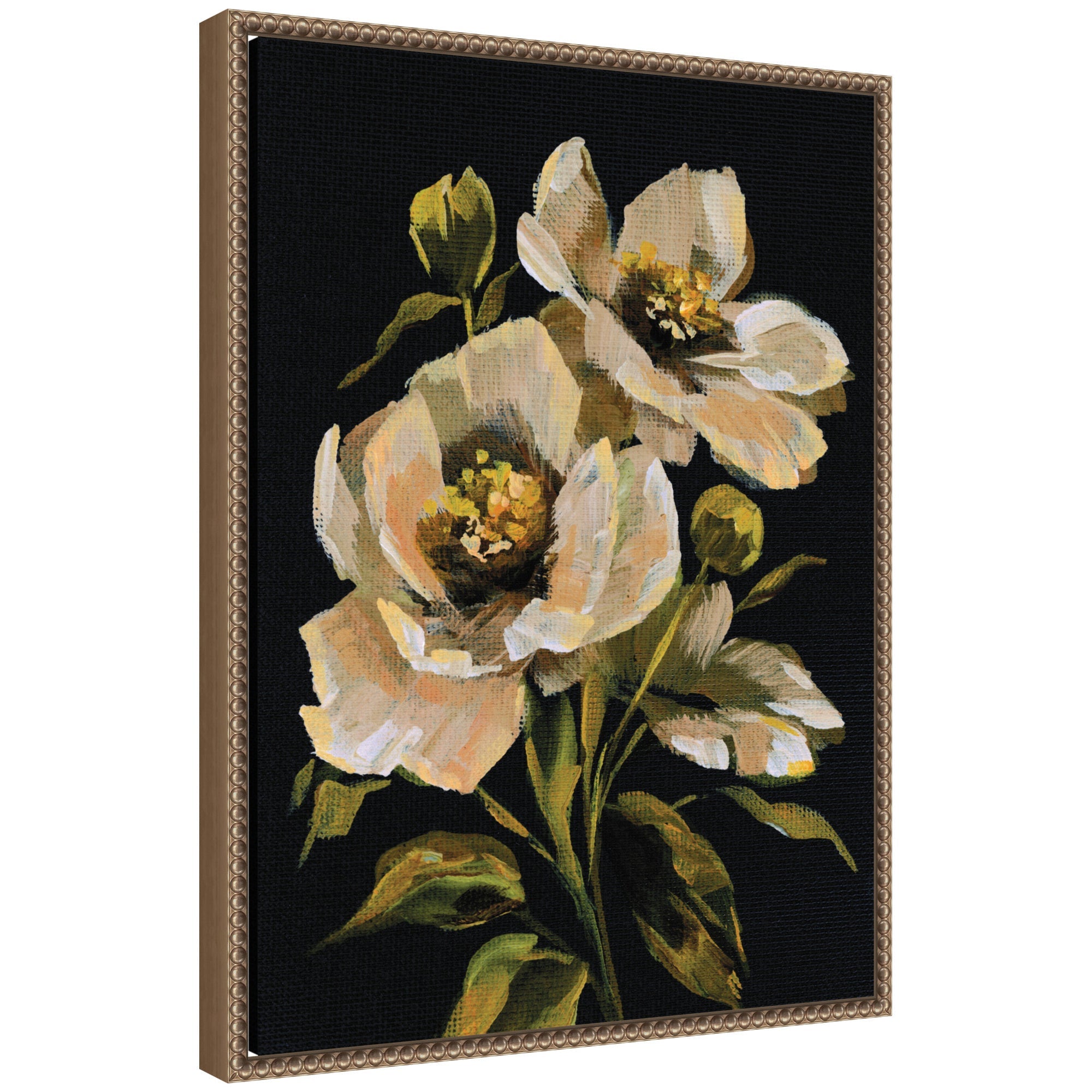 Sylvie Moody Floral 8 framed canvas artwork showing vintage beaded white frame with colorful floral print by Annie Quigley