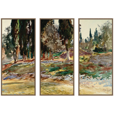 Three framed canvas panels showing Cypress Trees at San Vigilio Lake Garda by John Singer Sargent