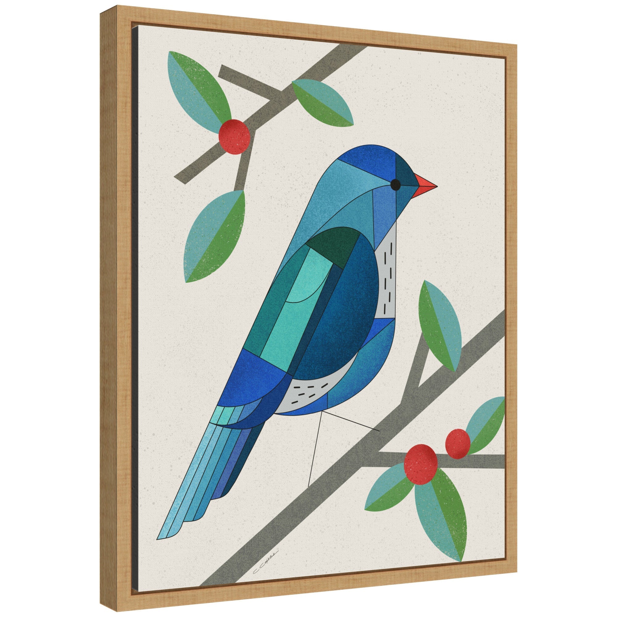Framed abstract art print titled 'Sylvie MCM Bluebird' by Carey Copeland, showing blue and orange geometric shapes on white gallery-wrapped canvas with thin dark frame.