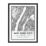 Black and white detailed street map of New York City centered on Manhattan, framed with coordinates 40.7128° N, 74.0060° W below the city name.