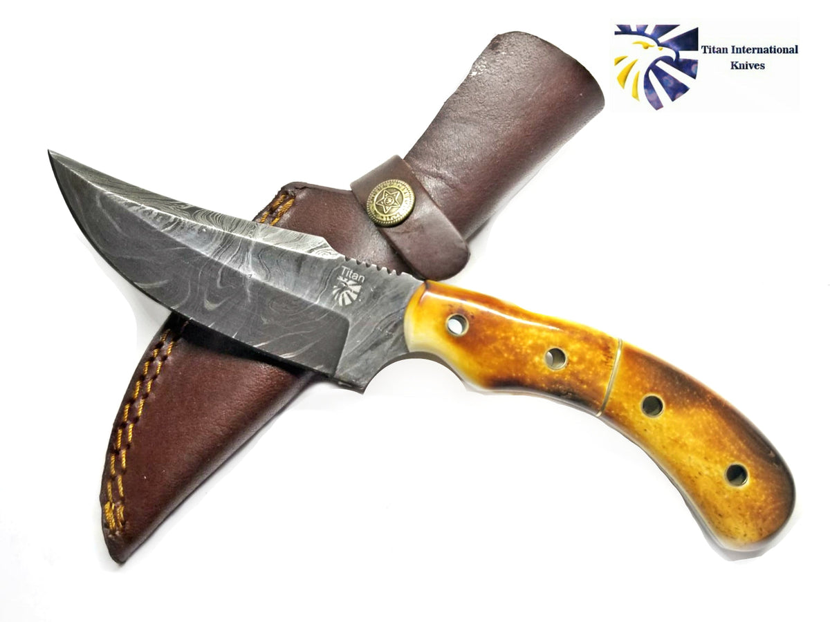 Damascus Knife Burnt Bone Handle TD-173 showing detailed layered steel blade and burnt bone handle with brass pins