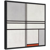 Framed canvas of Piet Mondrian's 1935 Composition No 1 featuring intersecting black grid lines with gray, white, and a small red rectangular block on the lower right.