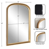 Arched wall mirror with a solid wood frame in an antique gold finish, featuring a 1.5-inch deep scooped frame and D-ring hangers for mounting.