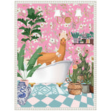 Illustration of a llama with a towel on its head sitting in a white clawfoot bathtub surrounded by lush green plants against a pink floral wallpaper background.