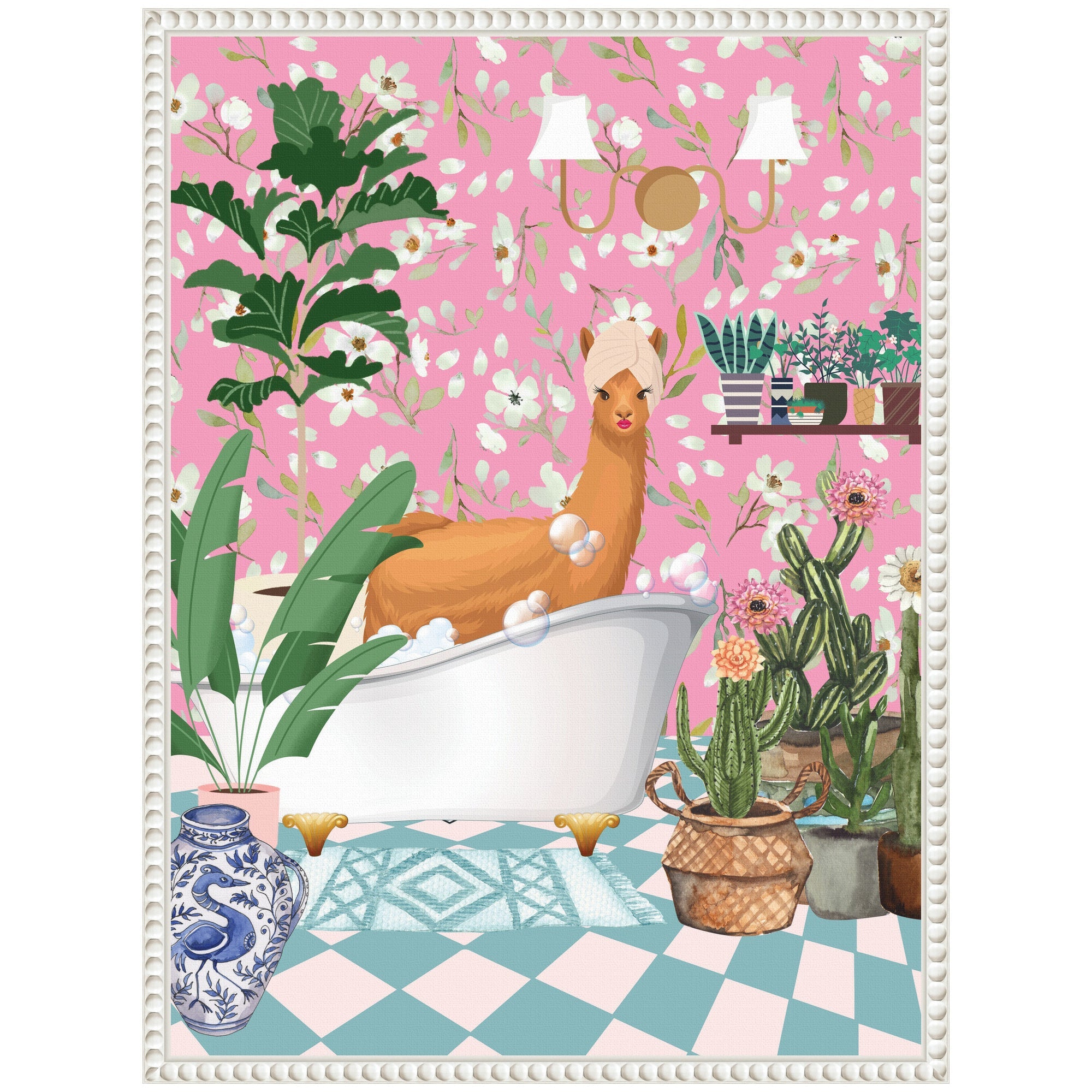 Sylvie Maximalist Llama Bath Framed Canvas by Honey Island Studio