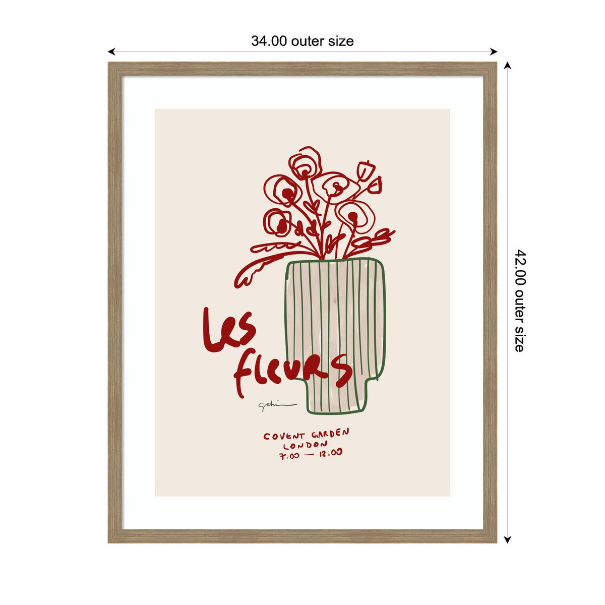 Minimalist wall art with red outlined flowers in a vertically striped green vase, featuring red handwritten text 'Les Fleurs' and location details below, framed in light wood.