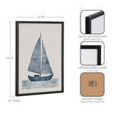 Framed print of a sailboat with textured blue sails and wavy blue water on a light background, in a black painted natural oak frame with minimalist gallery profile.