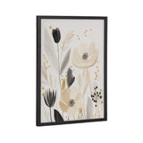 Framed abstract floral print with beige and black flowers, muted leaves, and gold dot accents on a white background.